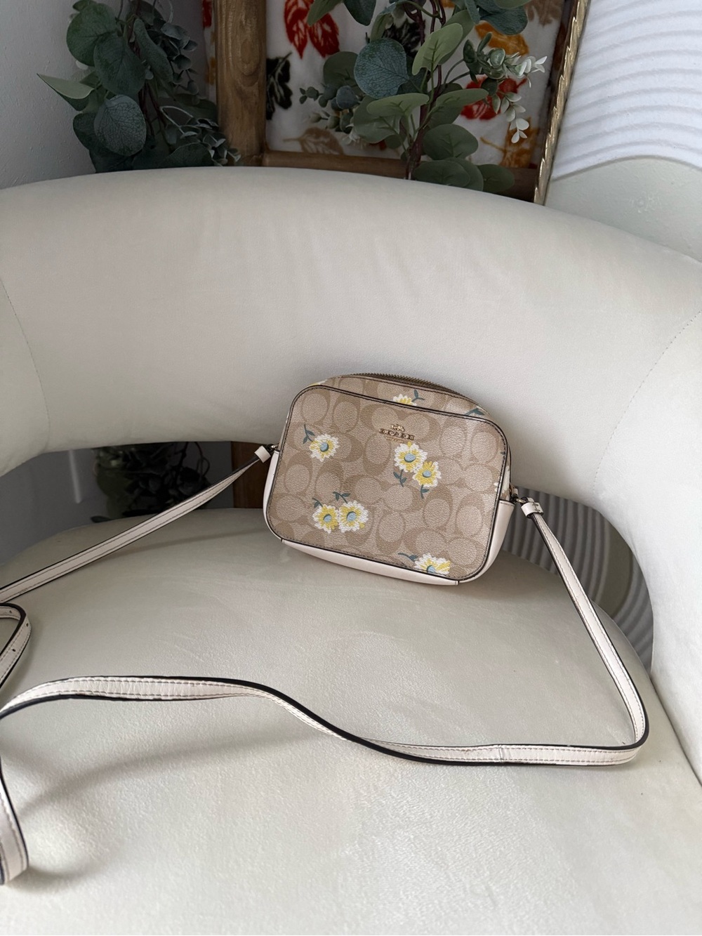 Coach Beige Floral Signature Crossbody with White Trim